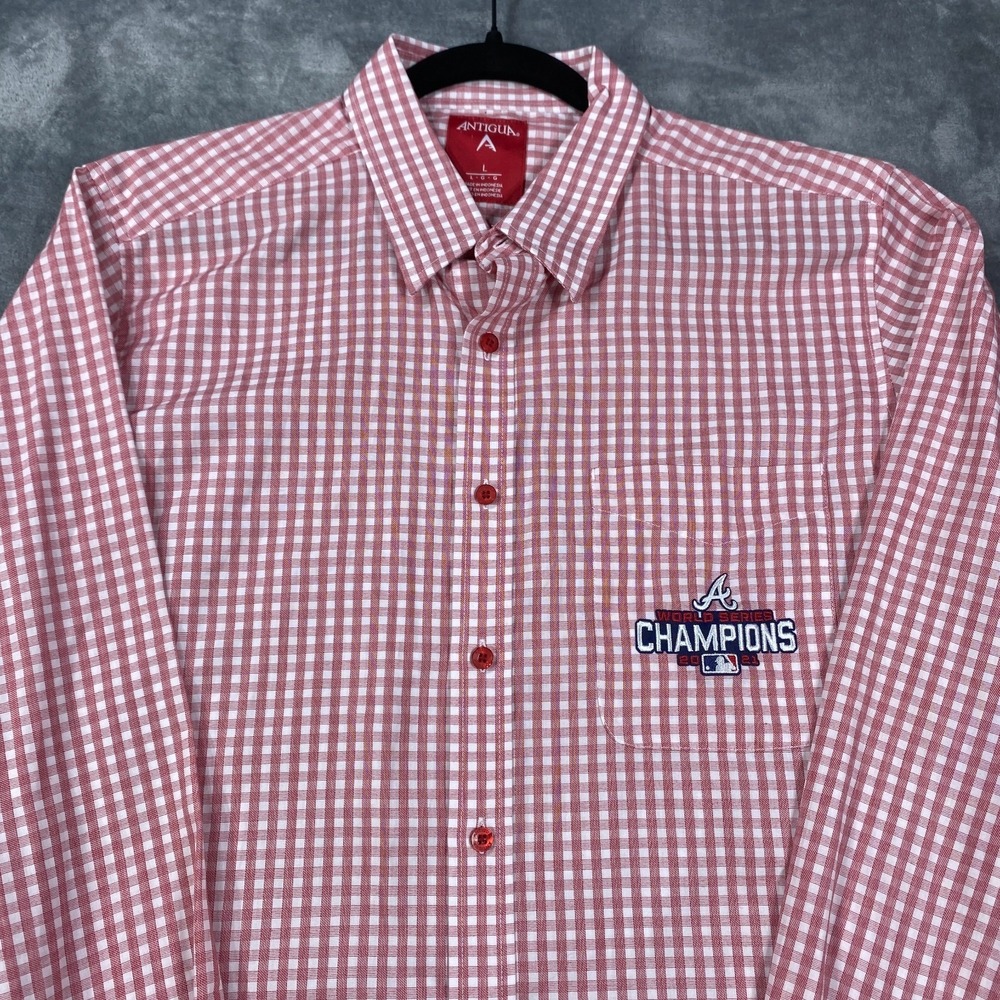 Atlanta Braves Shirt World Series Champs Mens Large Red Check Button Antigua MLB
